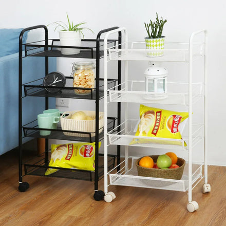 Luckytime Hot Sale 4-Tier Rolling PP+Carbon Steel Mesh Modern Multifunction Utility Storage Cart for Kitchen Living Room Office