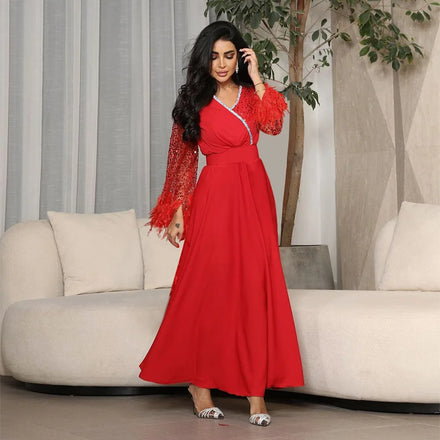 New Bright Polyester Color Matching Embroidered Muslim Robe Stand Collar Long Sleeve Card Arab Robe Factory Wholesale