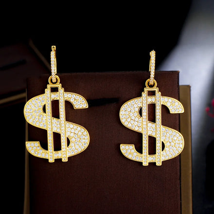 Hip Hop Punk Gold Plated CZ Statement Personalize Rapper US Money Sign Dollar $ Shape Drop Earring for Hipster Men Women Jewelry