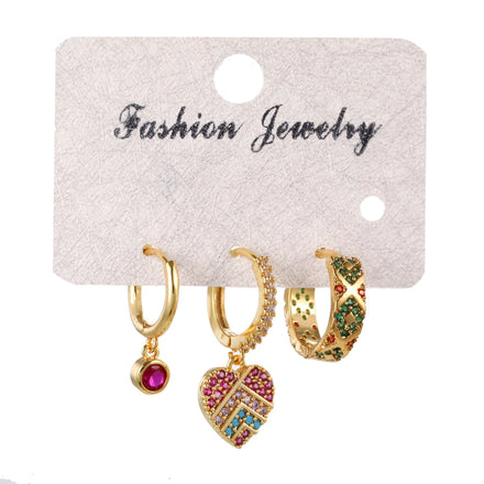 Fashion Trendy Designs 3pcs Women Drop Earrings Hoop 18k Gold Plated Zircon Pearl Heart Pendant Ear Jewelry Huggie Earring Set