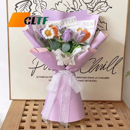 2026 Wholesale Crochet Flower Handmade Crochet Tulips Decorative Yarn Knitted Crochet Flower Bouquet Mothers Valentines Day Gift