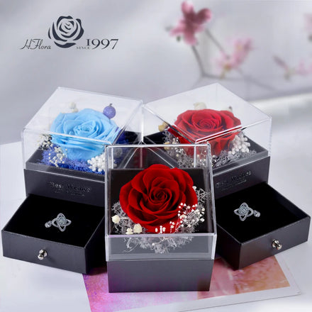 HFlora Whosale Eternal Forever Preserved Real Rose in Gift Box Necklace Jewelry Gift Box for Valentine's Day Birthday Present