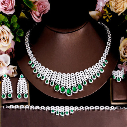 Luxury Water Drop Big Statement Jewelry Set for Women Wedding Green Cubic Zircon CZ African Dubai Saudi Arabia Bridal Jewelry