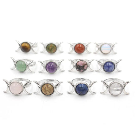 Natural Stone Crystal Moon Sun Open Ring for Women Men Amethyst Rose Crystal Raw Stone Gemstone Ring