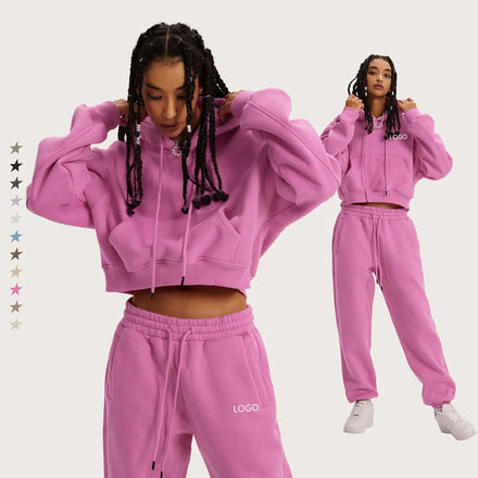 Dropshipping 345G Extra Thick Plush Hoodies Solid Short Top Loose Middle-waisted Pants Suit