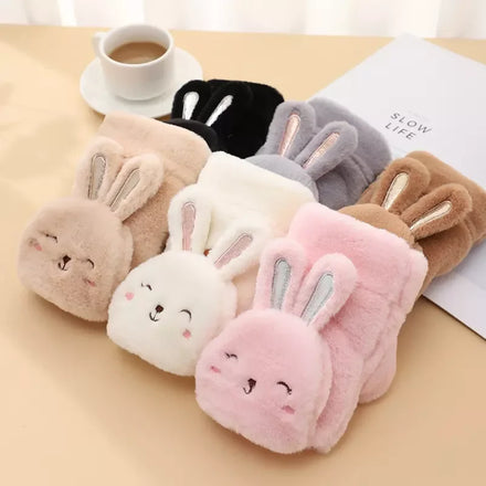 Women Cute Plush Thicken Mittens Warm Half Finger Fingerless Gloves