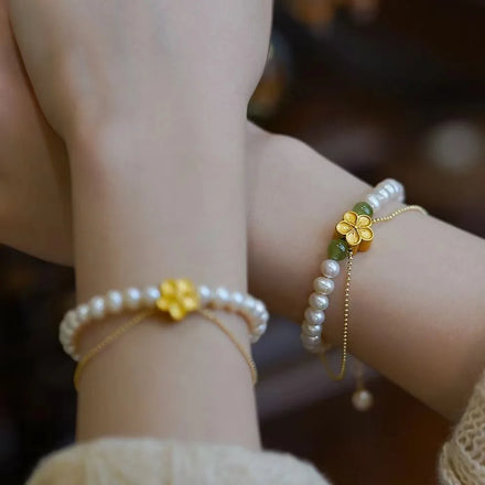 Chinese Style Lucky Double Chain Imitation Pearl Jade Peach Bracelet Retro Classic Elegant Pearl Handmade Jewelry Gift for Women