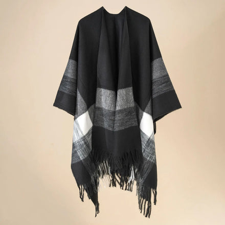 Fashion Winter Ladies Elegant Plus Size Cardigan Poncho Block Shawls Wraps Ruana Cape With Tassel