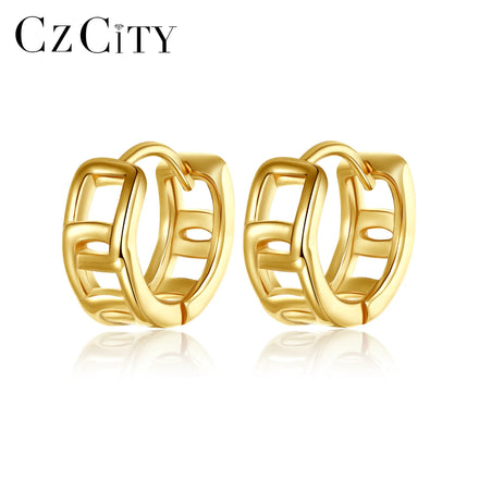 CZCITY Gold Plated Silver Earring Geometric Charm Elegant 925 Sterling Hollow Hoop Clip on Lady Earing