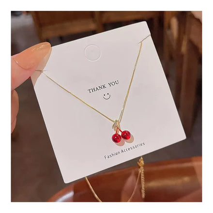 DAIHE Fashion Korean New Style Red Cherry Necklace Womens Stainless Steel Clavicle Chain Necklaces