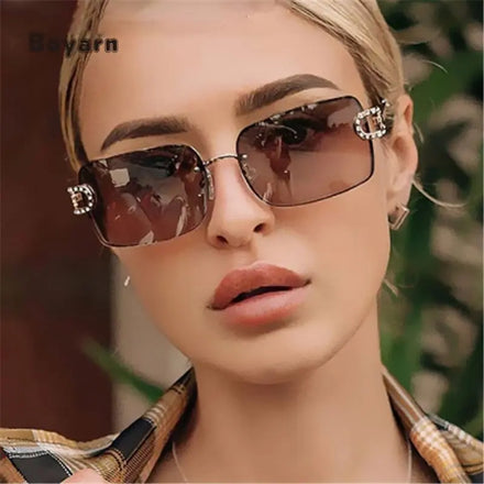 Boyarn Rimless Square Crystal Y2k Sun Glasses for Women New Vintage Alloy Rhinestone Shiny Sunglasses Men Hip Hop Eyewear Brown