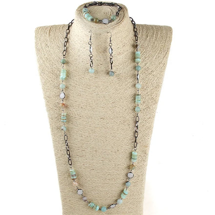 Fashion Beautiful Link Chain Jewelry Shell Plate Natural Stone Crystal Glass Long Necklace Bracelet Earring Set