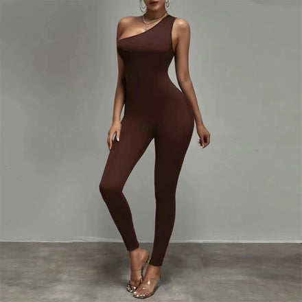 Summer 2026 Trend Women's Clothes Custom Ladies Sexy Sleeveless Solid Ribbed Bodycon Jumpsuit Party One Shoulder Jumpsuits