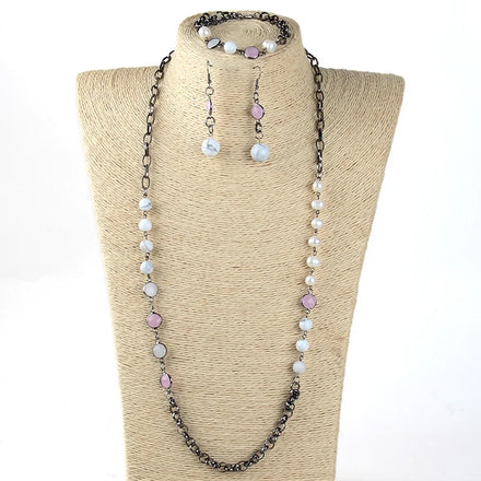 Fashion Punk Black Gun Collar De Perlas Amazonite Picture Jasper Natural Stone Fresh Water Pearl Necklace Bracelet Earring Set