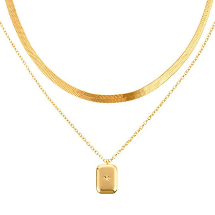 New Design Gold Plated square North Star Pedant Layered Snake Chain Choker Stainless Steel Folded Chain Necklace Hip Hop Jewelry