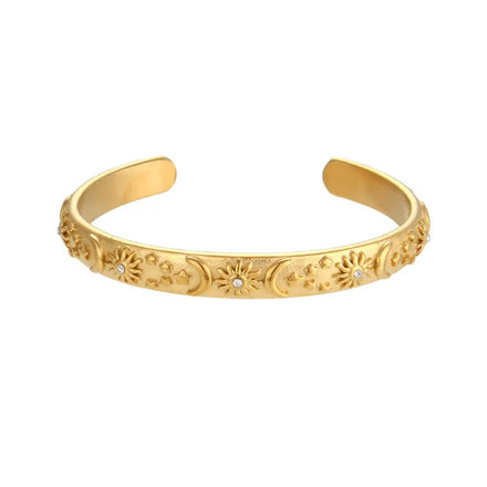 Vintage 18K Gold Plated Sun Moon Star Zircon Jewelry Set Prophet Style Cuff Earrings Rings with Fashionable Bangles