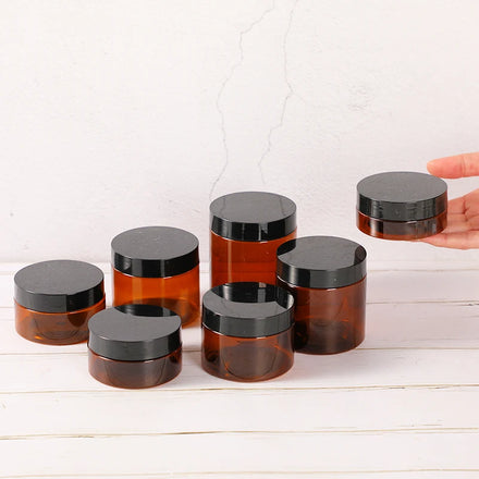 Empty PLASTIC JARS PET RPET PCR PLA 50 80 100 120 150 ml Transparent Amber Jar with White Black Alum Lids Custom Labels Printing