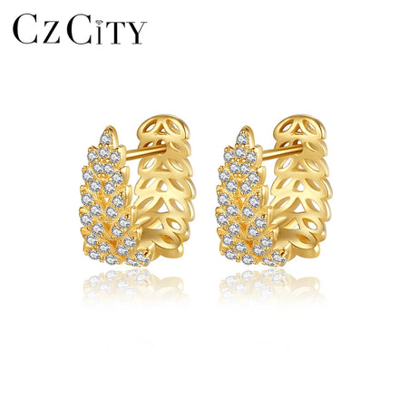 CZCITY Leaf Shape Grain Woman Earing Silver Luxury Korean Drop Designer 925 Cubic Zirconia Hoop Earrings