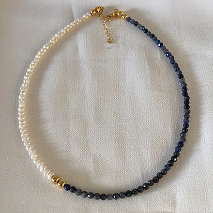 Custom Freshwater Pearls Beaded Jewelry Necklace 18K Gold Beads Blue Natural Stone Beaded Necklace