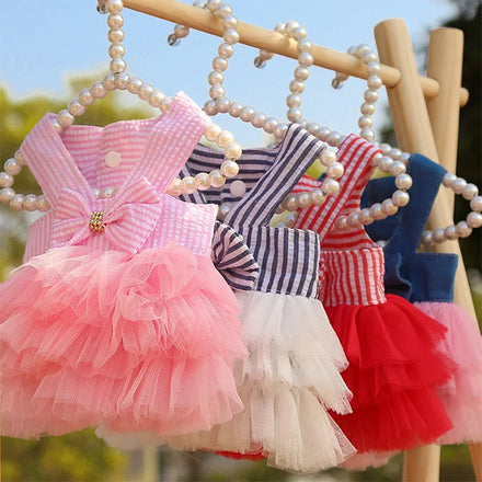 Dog and Cat Striped Halter Mesh Lace Dress Bowknot Small Medium Princess Girl Puppy Dog Dress Skirt