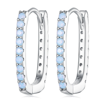 925 Sterling Silver Simple Geometric Blue Opal Ear Buckles Square Hoop Earrings with Pave CZ Fine Women's Jewelry BSE744