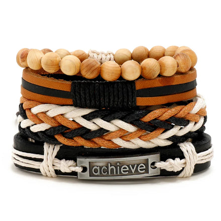 New Fashion Men Jewelry Handmade Woven Leather Bracelets Beaded Wood Bangle Achieve Letter Men Bracelets