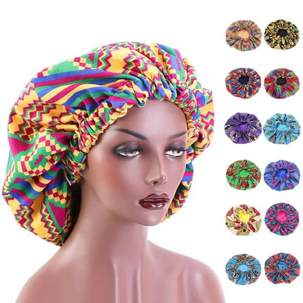 Wholesale Adjustable Women's Large African Print Double Layer Reversible Night Sleeping Cap Satin Bohemian Style Satin Bonnet