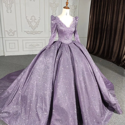Jancember DY1112 Crystal Purple Shiny Evening Party Ball Gown Dress With Long Sleeve