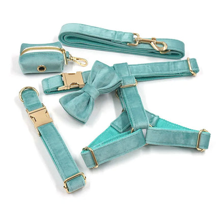 5pcs Set Flannel Velvet Gold Metal Buckle Detachable Bowtie Dog Collar Leash Harness Poop Bag Holder Set
