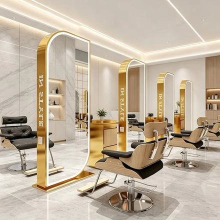 Unique Design Beauty Hair Salon Double Sided Styling Mirror Gold Frame Large Barber Station with Led Light