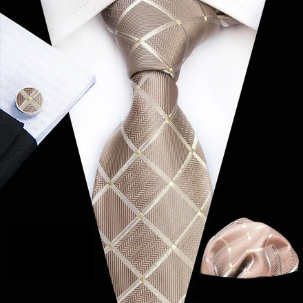 New Fashion Men's Plaid Tie Silk Set Luxury Style Polyester Cufflinks Necktie Handkerchief Wedding Men's Gift Sets Custom Logo