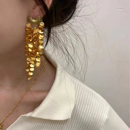 Exaggerated Design Metal Glitter Dynamic Tassel Earrings - Handcrafted with European and American Artistry Bold Individualistic