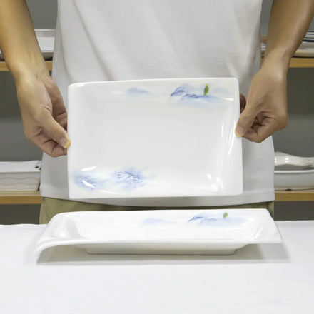 Cheapest Price Custom Chinese Style Blue Rectangle 10/12 Inch White Melamine Serving Dishes Plates