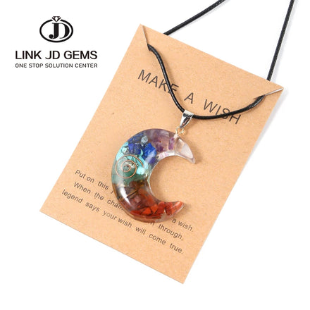 Natural Stone Classic Orgone Pendant Seven Chakras Reiki Crescent Moon Necklace Resin Healing Crystal for Women Jewelry