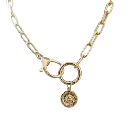 NM1227 Fashion Gold Coffee Seed Mesh Paperclip Chain Lobster Clasp Coin Drop Pendant Necklace