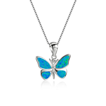 925 Sterling Silver Blue Fire Opal Butterfly Pendant Necklace Fashionable Cute Charm with Rhodium Plating Gift