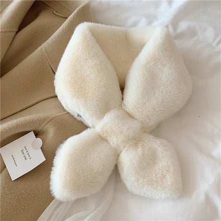Premium High Quality Winter Korean Chic Solid Crossed Fluffy Faux Rex Rabbit Fur Neck Gaiter Snood Scarves for Women Bow Tie