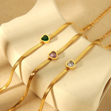 G1774 Trendy 18K Gold Plated White Green Pink Zircon Heart Snake Wholesale Bracelets Stainless Steel Heart Snake Chain Bracelet