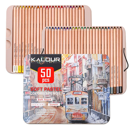 KALOUR Professional Art Supplies 50 Pastel Colored Pencil Set in Tin Box With Vibrant Color Pencils for Sketching and Drawing