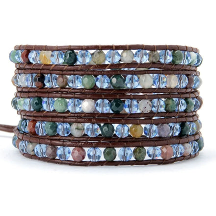 2026 Spring Collection Women's Boho Fashion Bracelet Energetic Crystal Beads on Leather Wrap Cuff Bangle