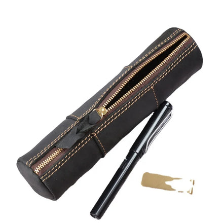 Durable Genuine Leather Handmade Promotional Pen Case Vintage Customized Personal Logo Simple Style 20.5x5.2cm Zipper Bag