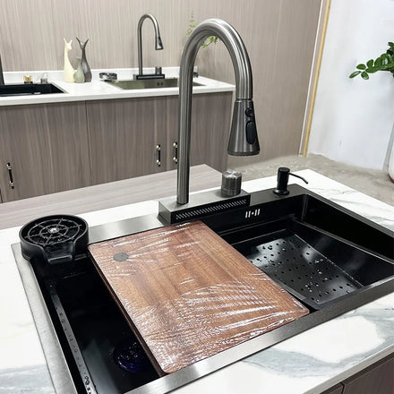 Modern Single Bowl Rectangular Kitchen Sink with Faucet Stainless Steel Handmade Rainfall Nano Sink Farmhouse