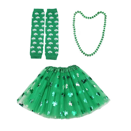 St. Patrick's Day Adult Green Tutu Party Costume Bowtie Headband Tulle Fluffy Clover Girl Tutu Necklace Skirt Sets