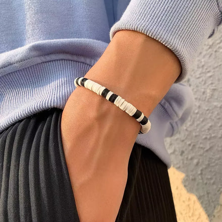 SHIXIN New Fashion Jewelry Bracelet Bohemian Style Black and White Patchwork Polymer Clay Bracelet Simple Geometric Men's String