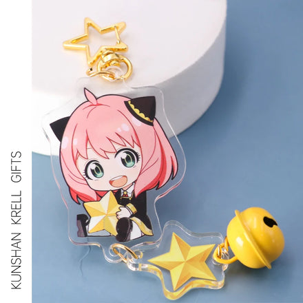Acrylic Holographic Keychain Anime Glitter Custom Clear Printed Anime Small Bell Keychain Keychain Anya Acrylic Charms