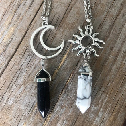 Vintage Sun Moon Necklace Rose Quartz Amethyst Crystal Necklace Hexagonal Gemstone Necklace for Couple Friends
