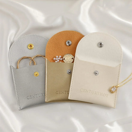 PUPPYSEW Beige PU Leather Jewelry Pouch With Button Jewelry PU Leather Bags Bracelet Ring Pouches With Logo Printed