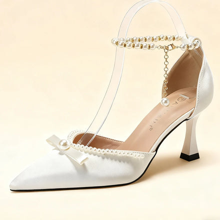 New Style Women Pearl Bow Tie D'orsay Stiletto Heel Pointed Toe Ladies High Heels Bride White Wedding Pumps Shoes Party