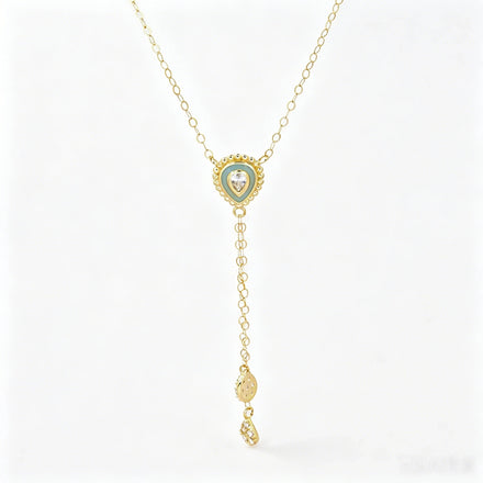 Custom Logo Real 18K Solid Gold Enamel Heart Y Drop Necklace CZ Diamond Tassel Lariat Pendant Dainty Chain Fine Jewelry Women