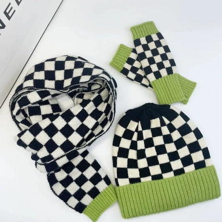 Knitted Beanie Men Women Checkerboard Pattern Cuffed Slouchy Stretchy Warm Winter Hat scarf gloves set